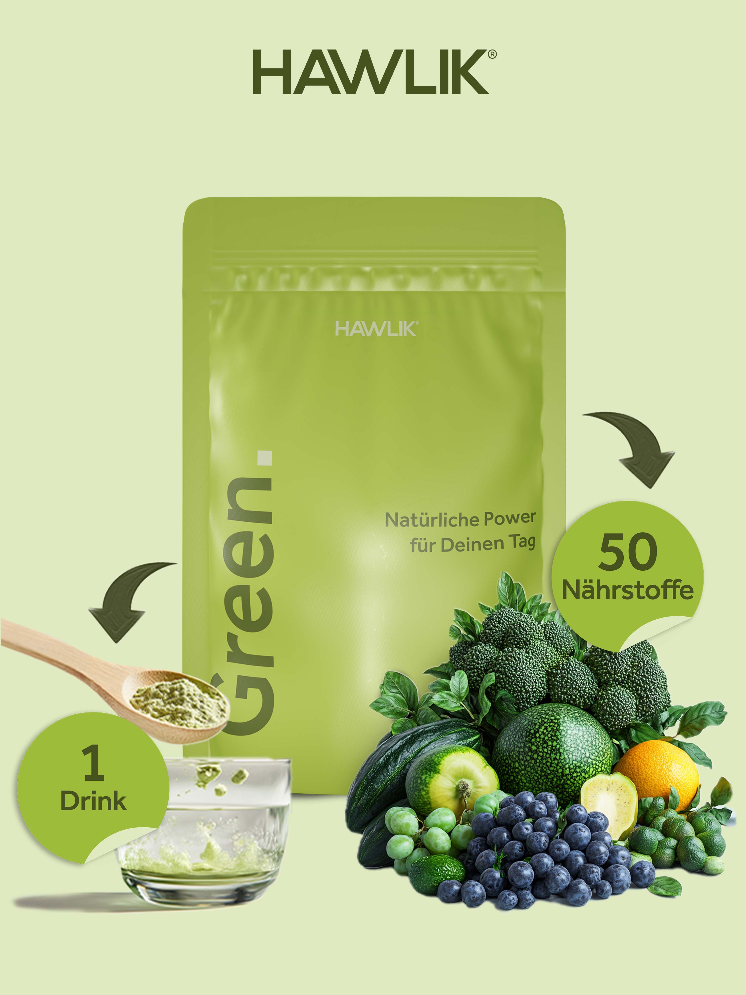 HAWLIK Green Verpackung 50 Nährstoffe = 1 Drink