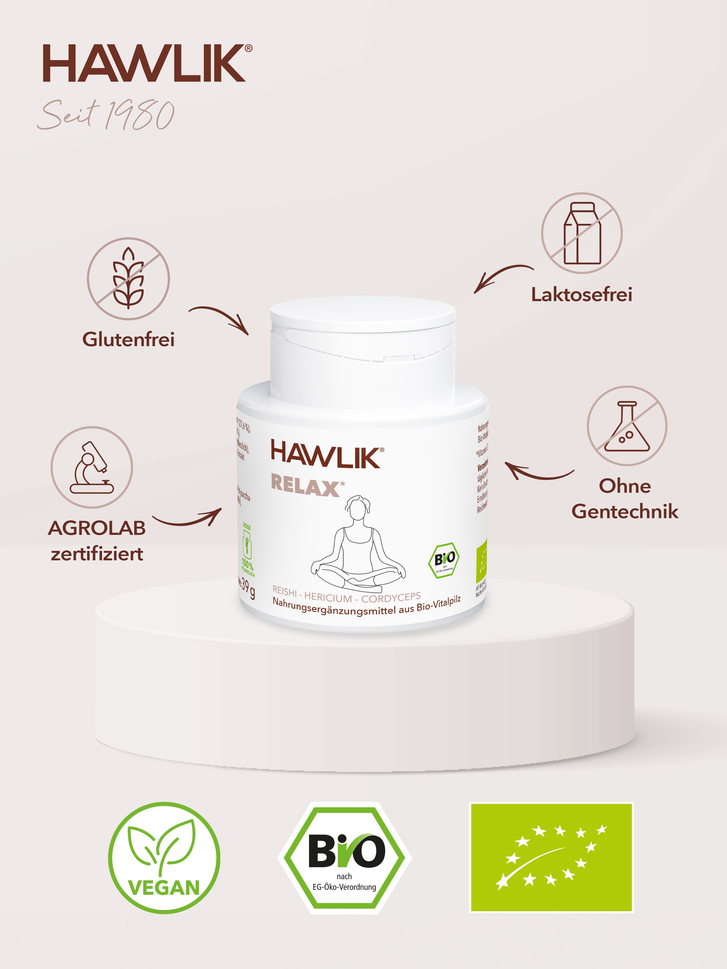 Bio Vitalpilzmischung Relax Übersicht: Glutenfrei, laktosefrei, AGROLAB zertifiziert und ohne Gentechnik hergestellt