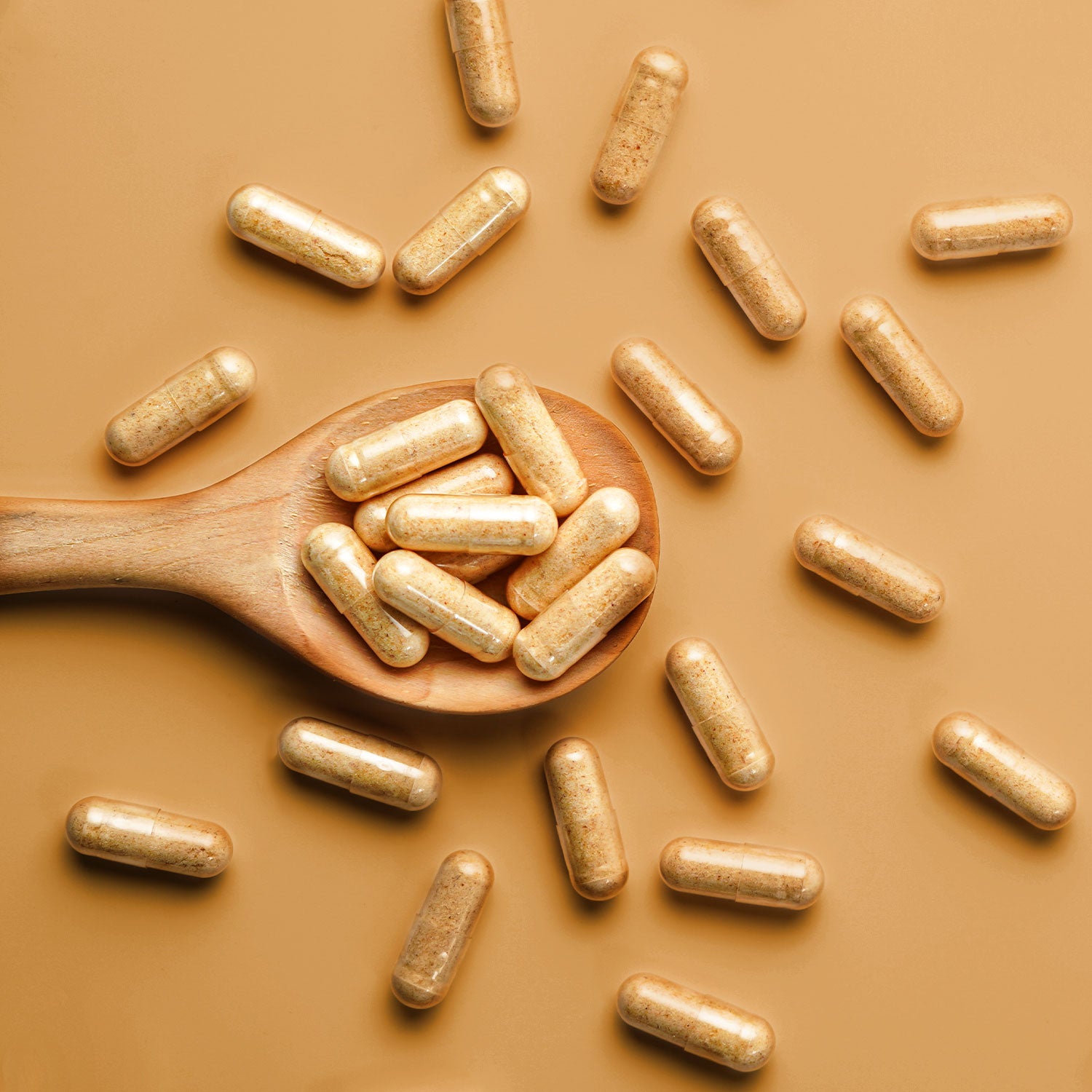 Holzlöffel mit Vitalpilzmischungen in Kapseln