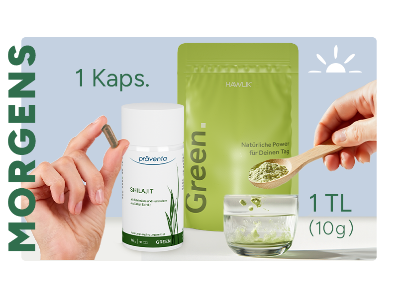 Verzehrempfehlung Morgens 1 Kapsel Shilajit und 1 Teelöffel (10g) Green