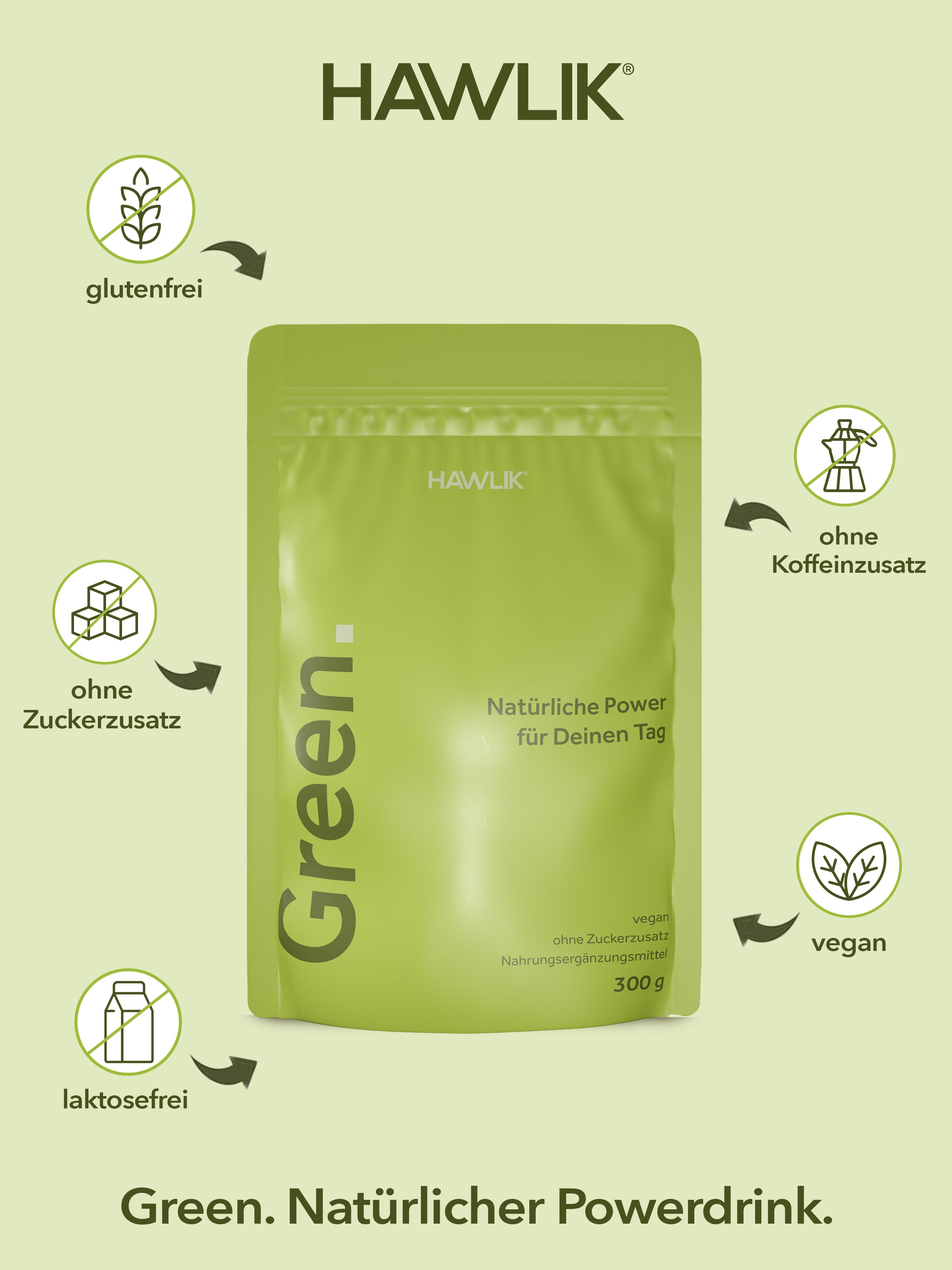 HAWLIK Green Verpackung Vorteile: glutenfrei, ohne Zucker- und Koffeinzusatz, laktosefrei und vegan