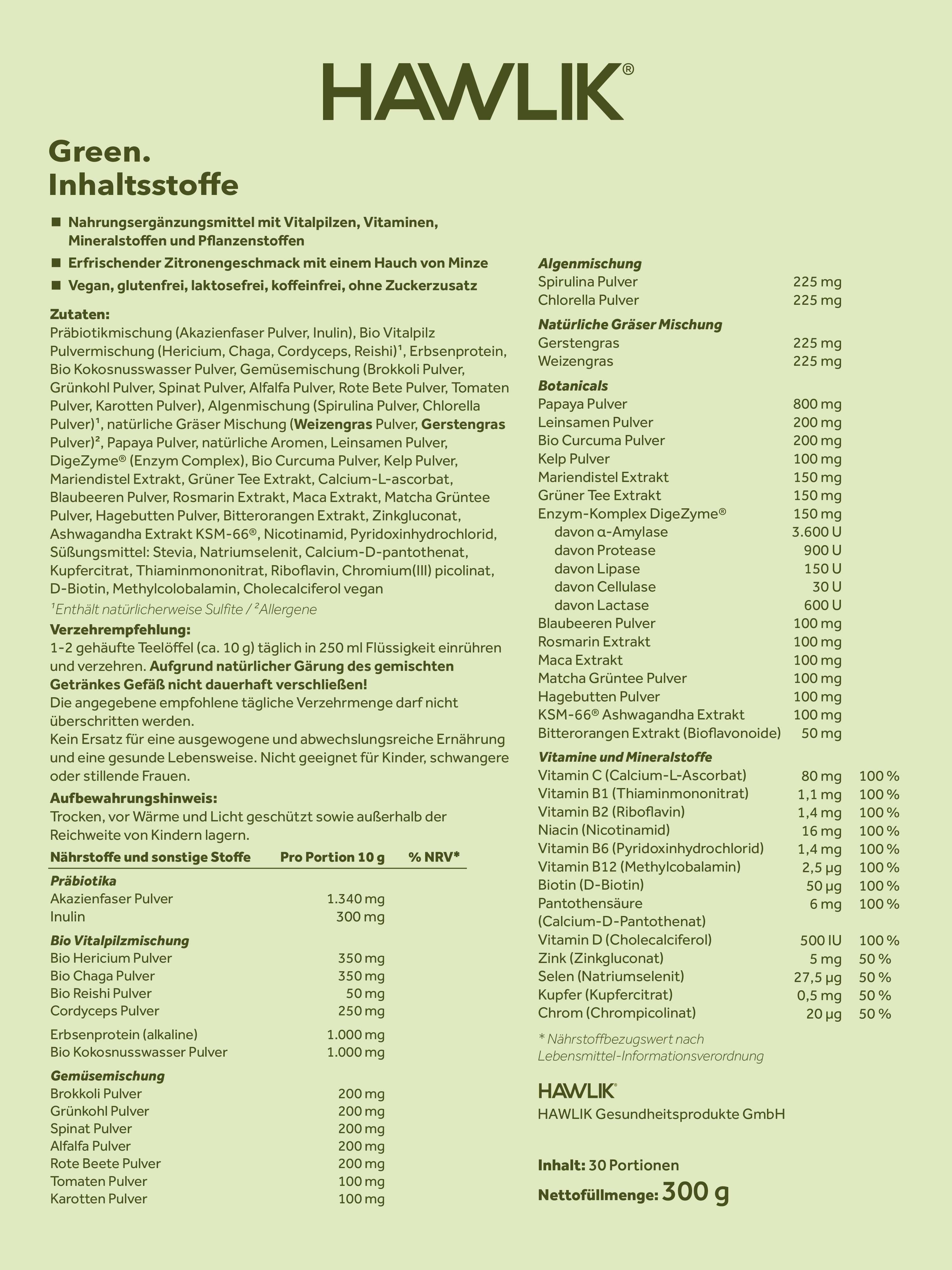 HAWLIK Green Verpackung Inhaltsstoffe Detailansicht