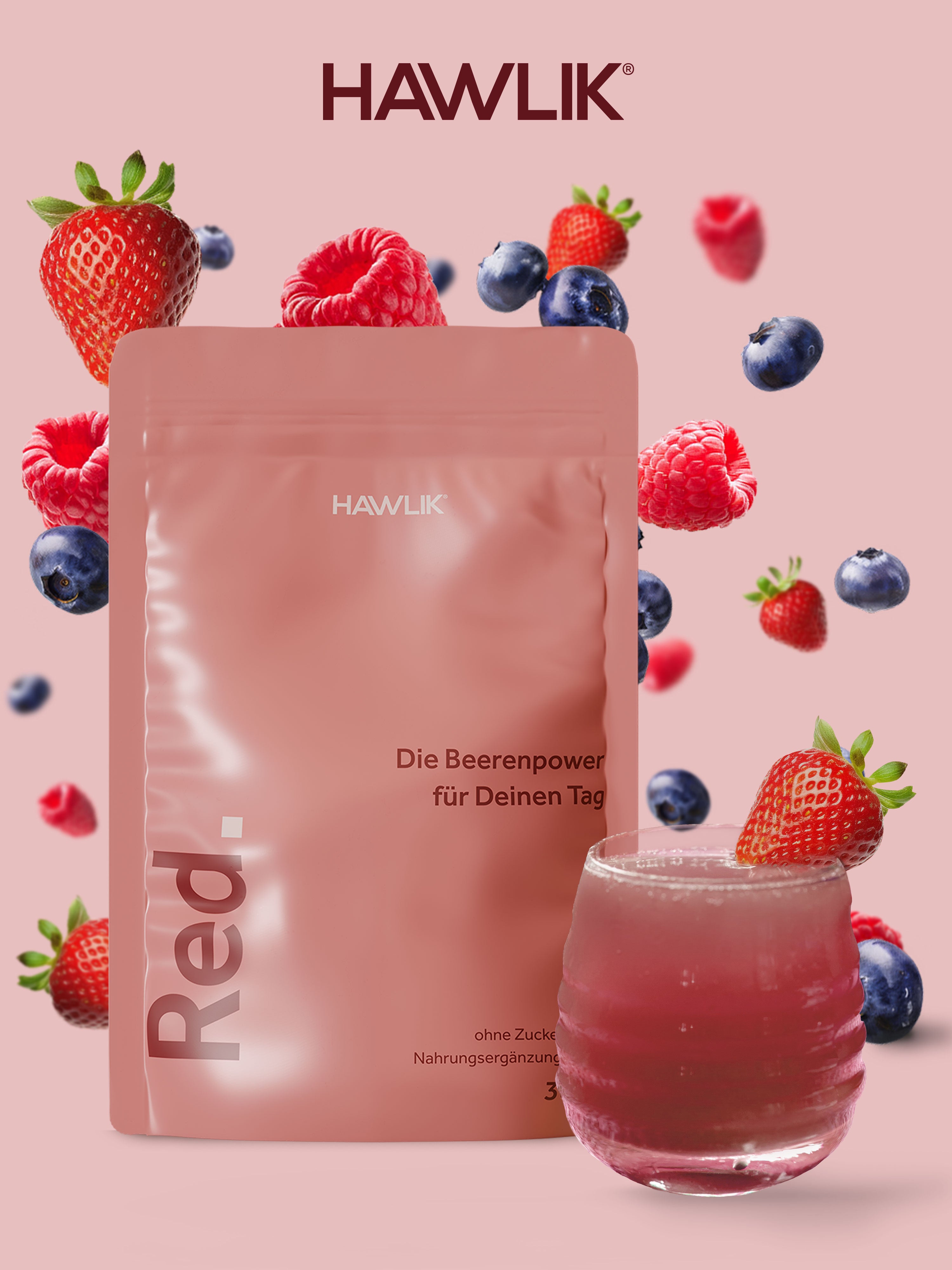 HAWLIK Red Verpackung mit Glas und Früchten
