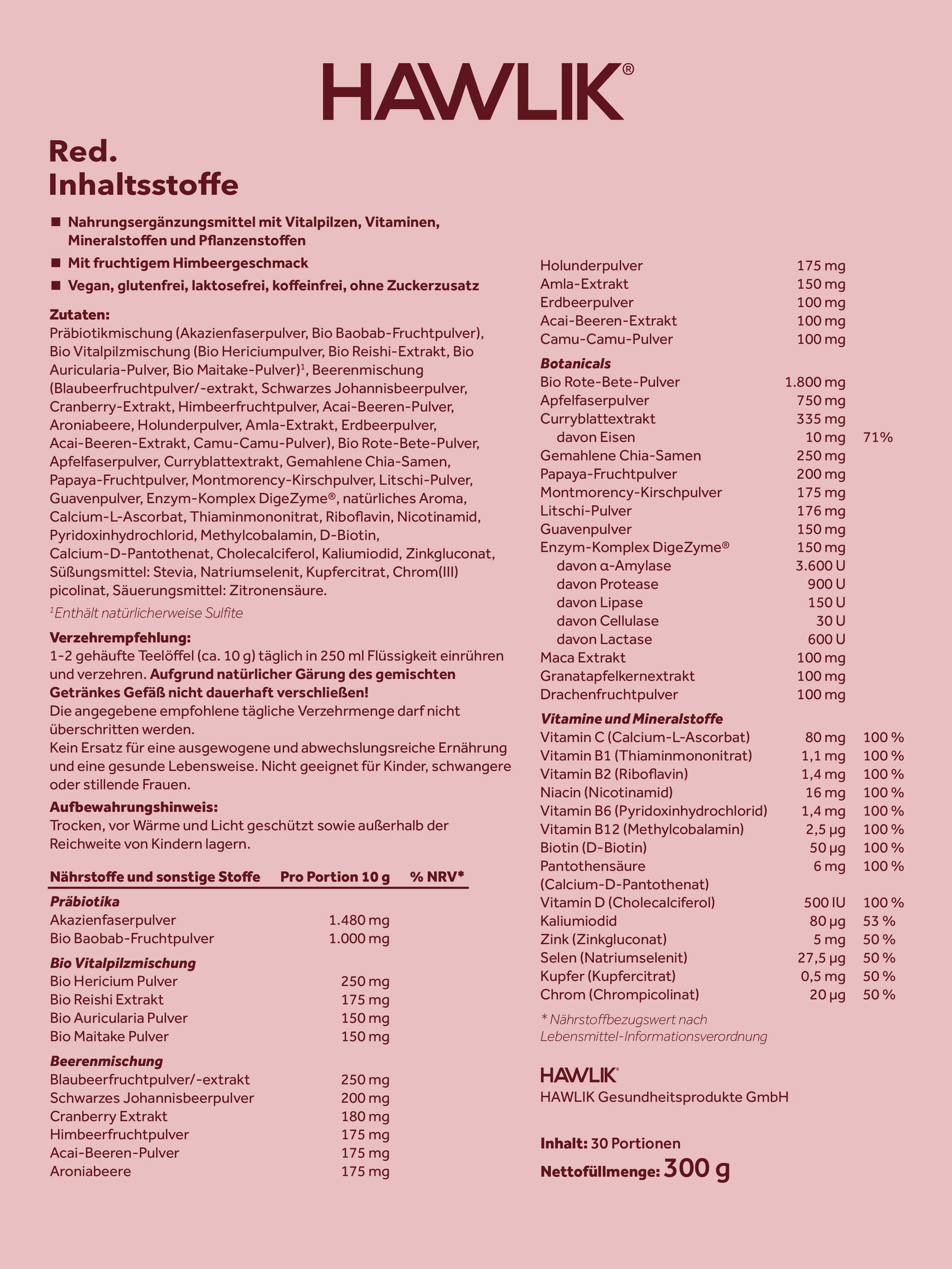 HAWLIK Red alle Inhaltsstoffe auf einen Blick