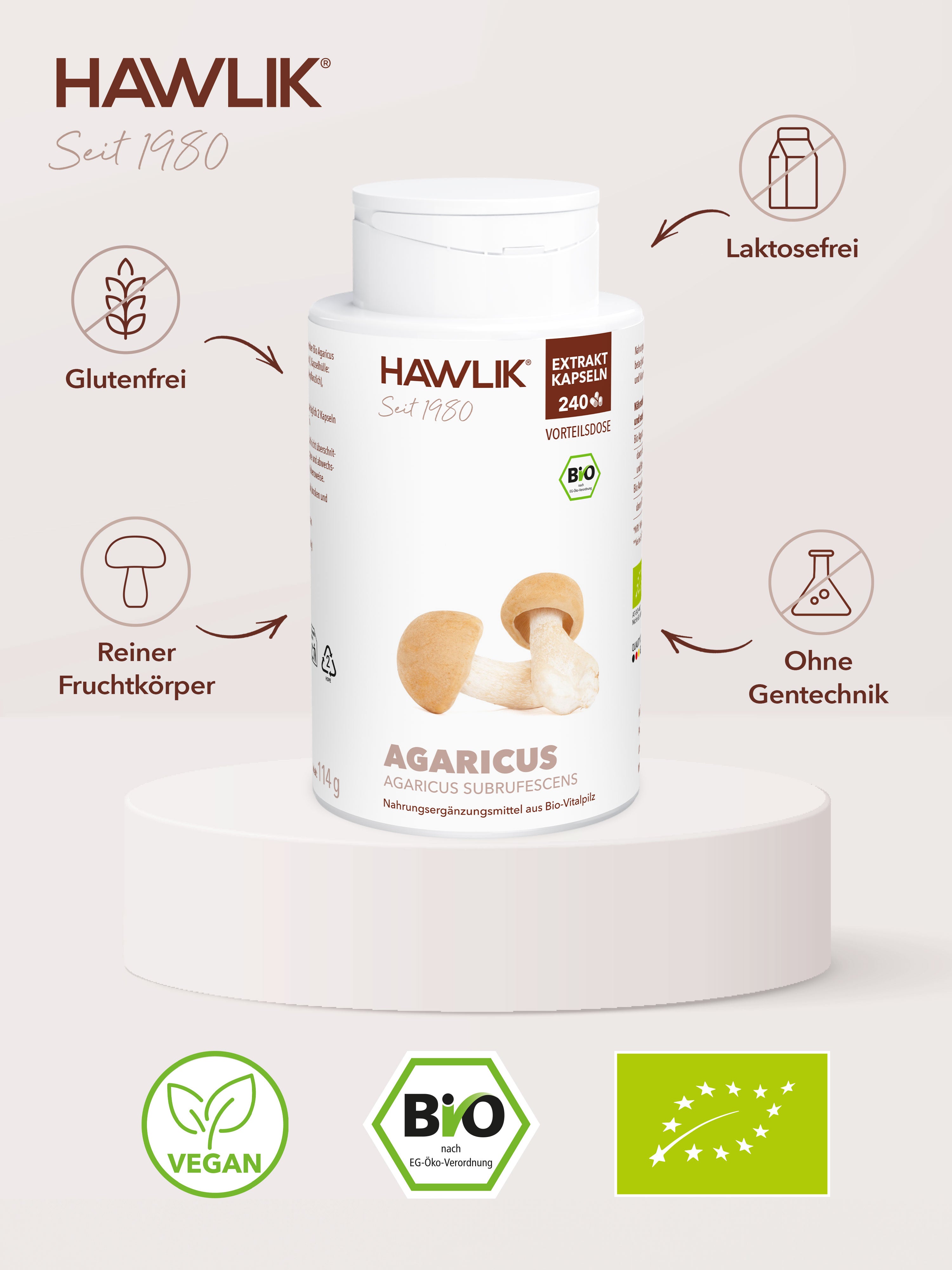 Hawlik Agaricus Extrakt Kapseln Hinweise gutenfrei, laktosefrei, reiner Fruchtkörper, ohne Gentechnik und Bio Siegel