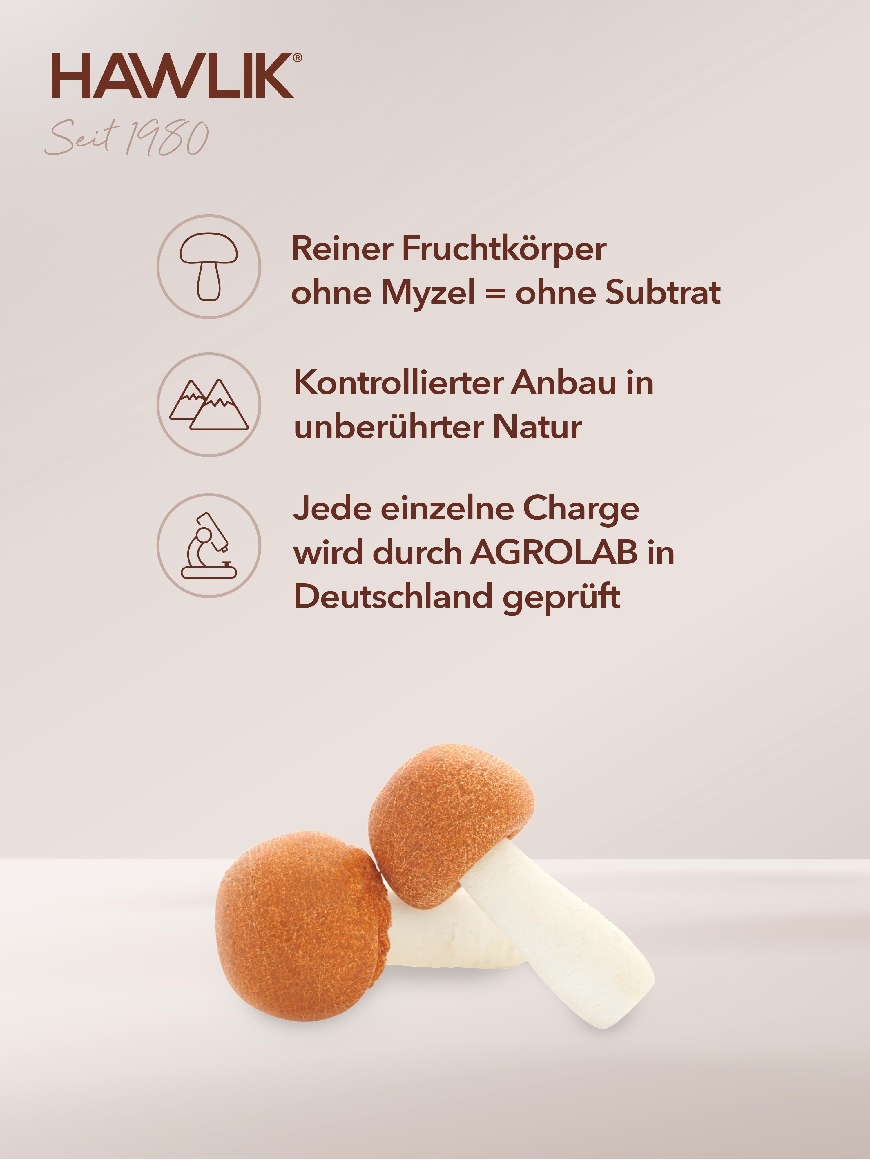 Hawlik Agaricus Extrakt Kapseln Hinweis reiner Fruchtkörper, kontrollierter Anbau und Agrolab geprüft in Deutschland