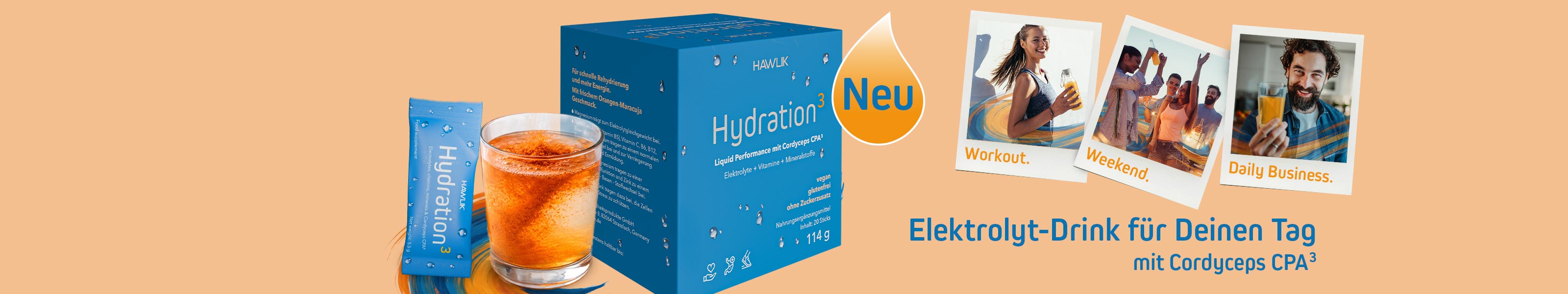 Hydration3 mit Cordyceps, Verpackung mit Pulver und Glas