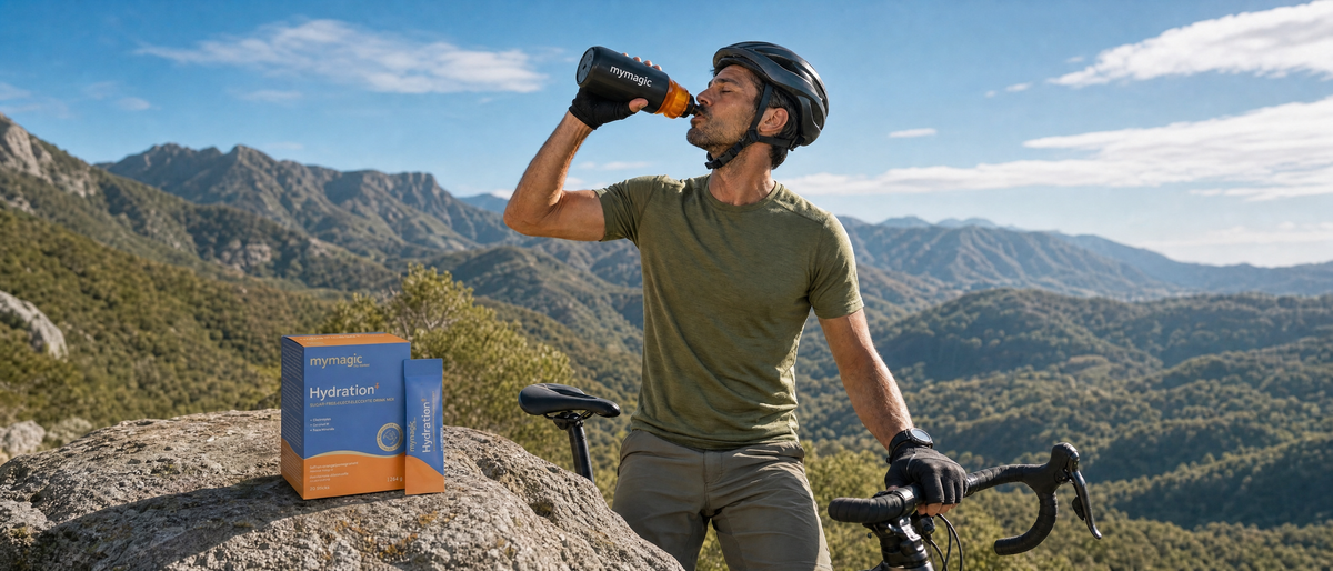 Ein Mann trinkt mymagic Hydration mitten in einer Berglandschaft bei einer Fahrradtour aus einer Fahrradflasche von Hydrration