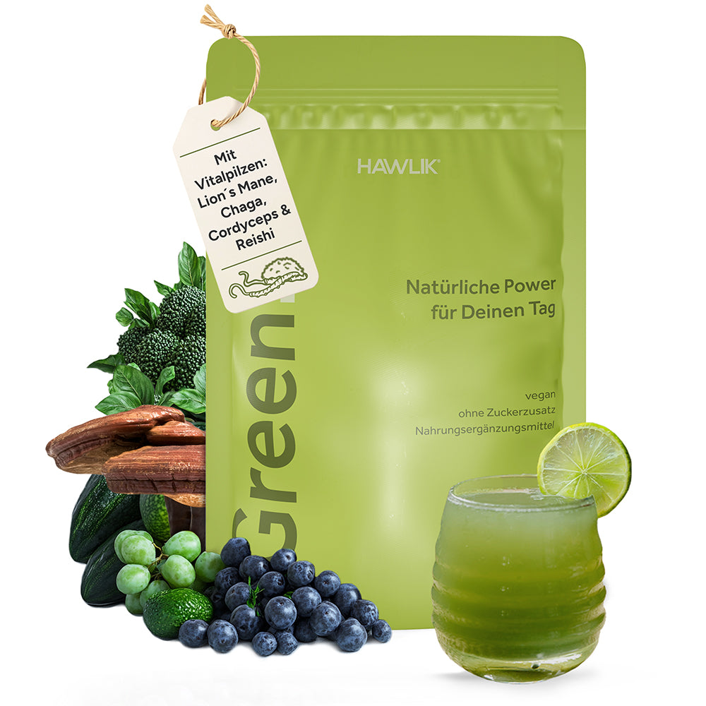 Verpackung mit Vitalpilzen (Lion´s mane, Cordyceps, Chaga und Reishi Früchten, Gemüse und Glas