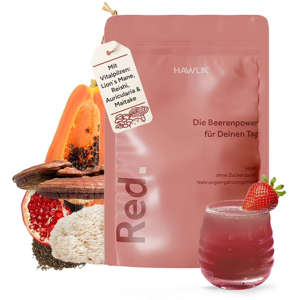 Verpackung Red Berry Drink mit Glas, Früchten und Vitalpilzen Lion´s mane, Reishi, Auricularia und Maitake