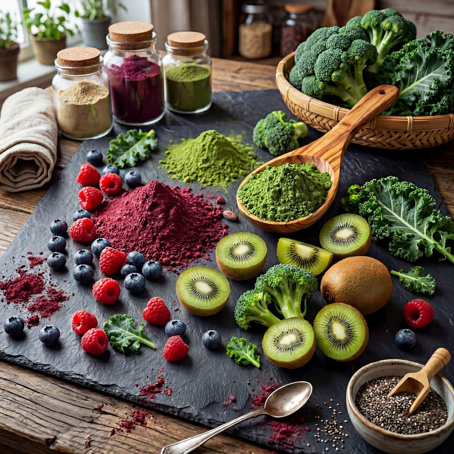 Bild mit vielen Obstsorten, Gemüse, Schokolade und Pulver, liegen auf einem Schiefertablett mit einen kleinen Löffel