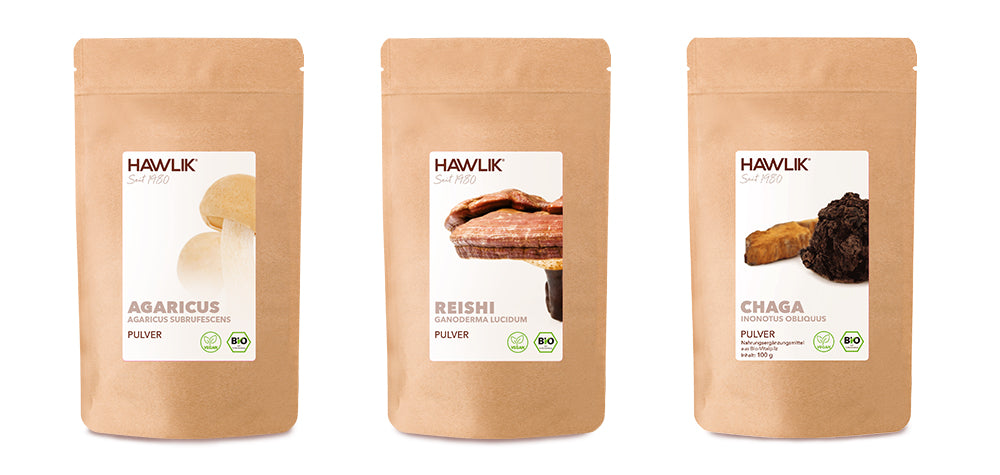 Standbeute Beispiele für nachhaltige Verpackung bei HAWLIK für Agaricus Reishi und Chaga