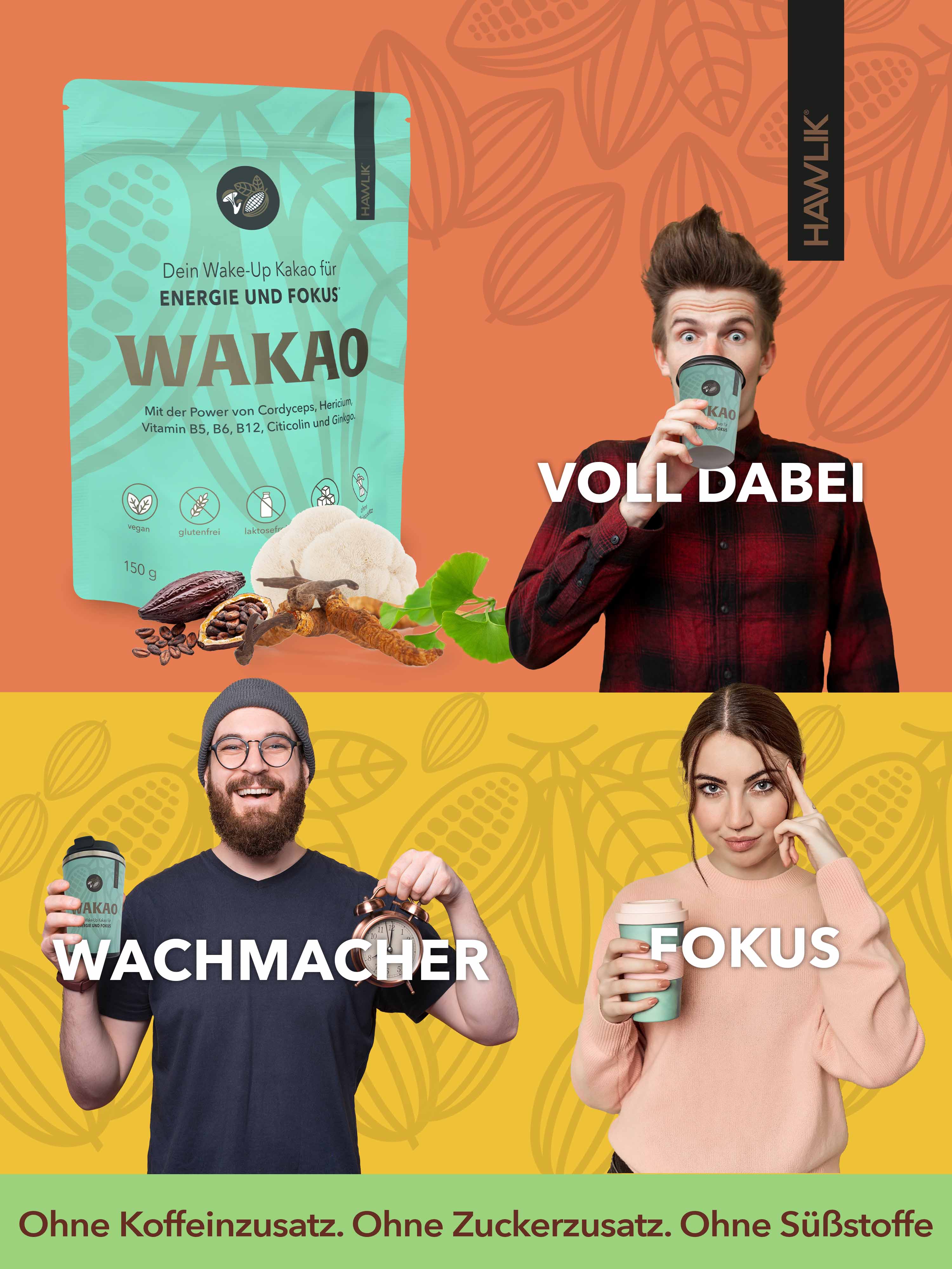 WAKAO Personen mit Vitalpilzkakao und Vorteilen