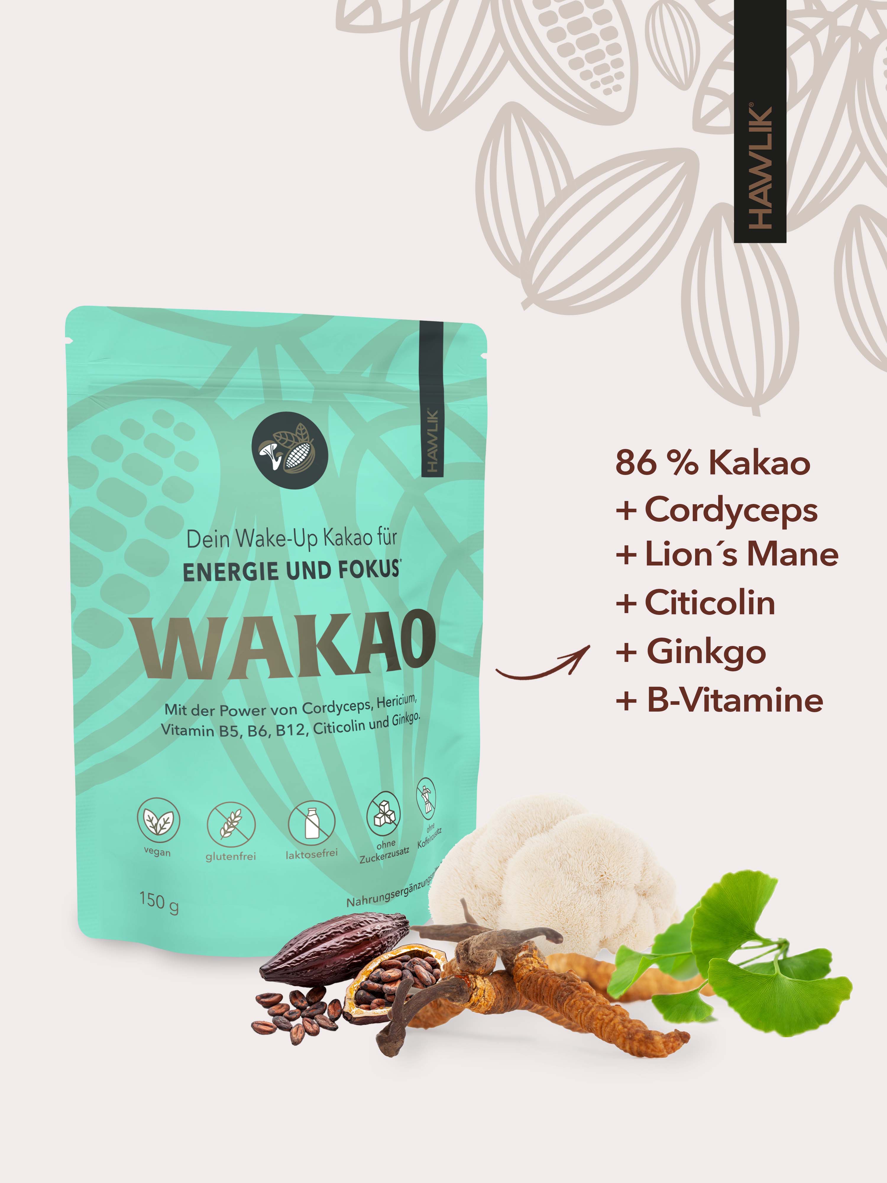 Wakao Vitalpilzkakao mit Inhaltsstoffen