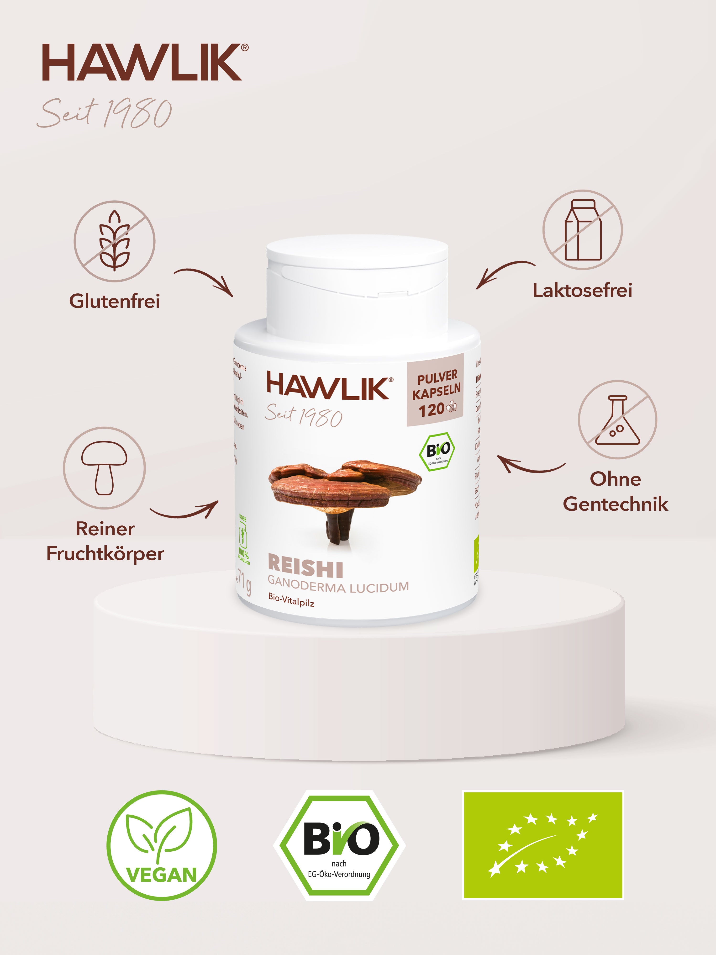 Bio Reishi Pulver Kapseln Übersicht: Glutenfrei, laktosefrei, reiner Fruchtkörper, ohne Gentechnik hergestellt.