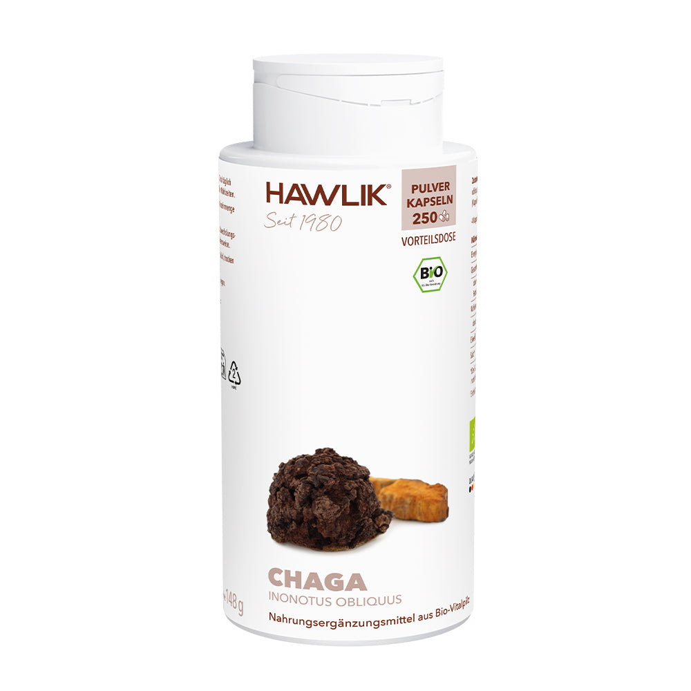 HAWLIK Bio Chaga 250 Extrakt + Pulver Kapseln