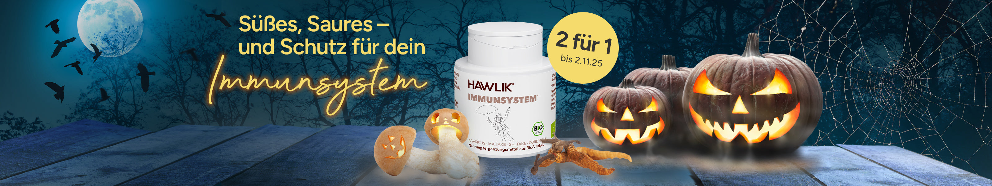 Vitalpilzdose Immunsystem mit Halloween Kürbissen und Pilzen
