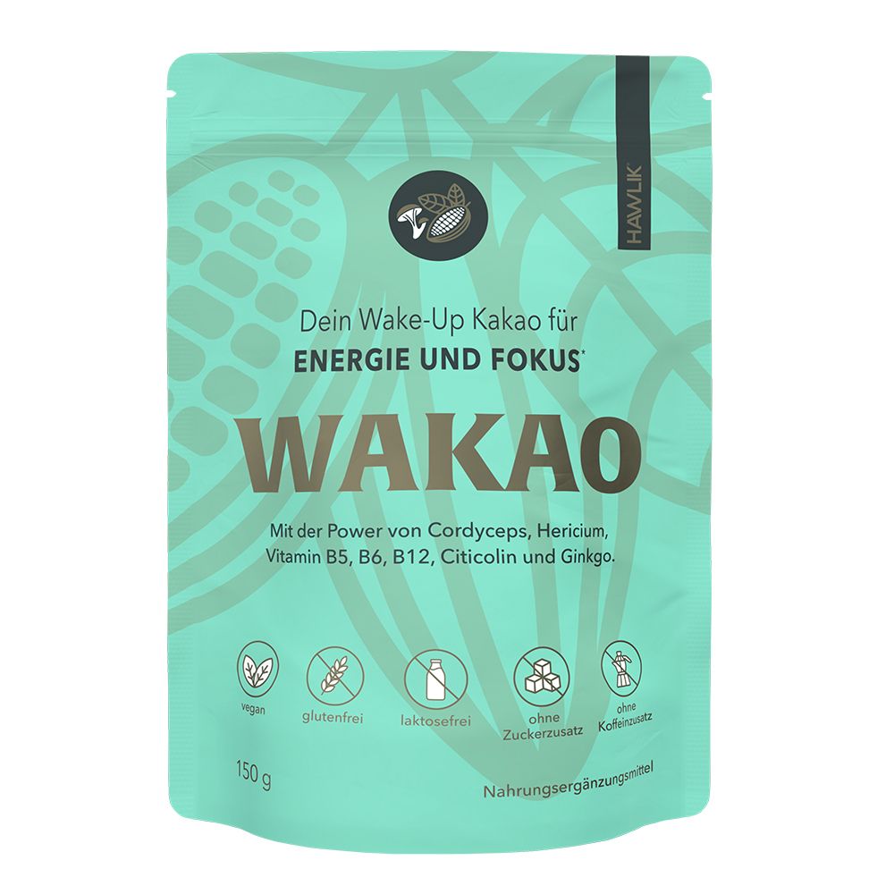 HAWLIK Vitalpilz Kakao Packung Vorderseite 150 g