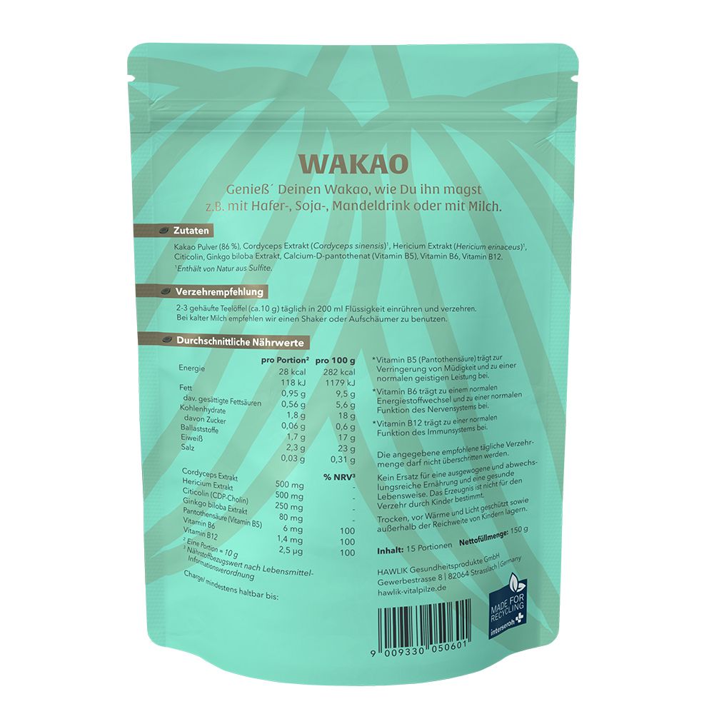 WAKAP Vitalpilz Kakao für deinen Fokus Rückseite mit Inhaltsstoffen