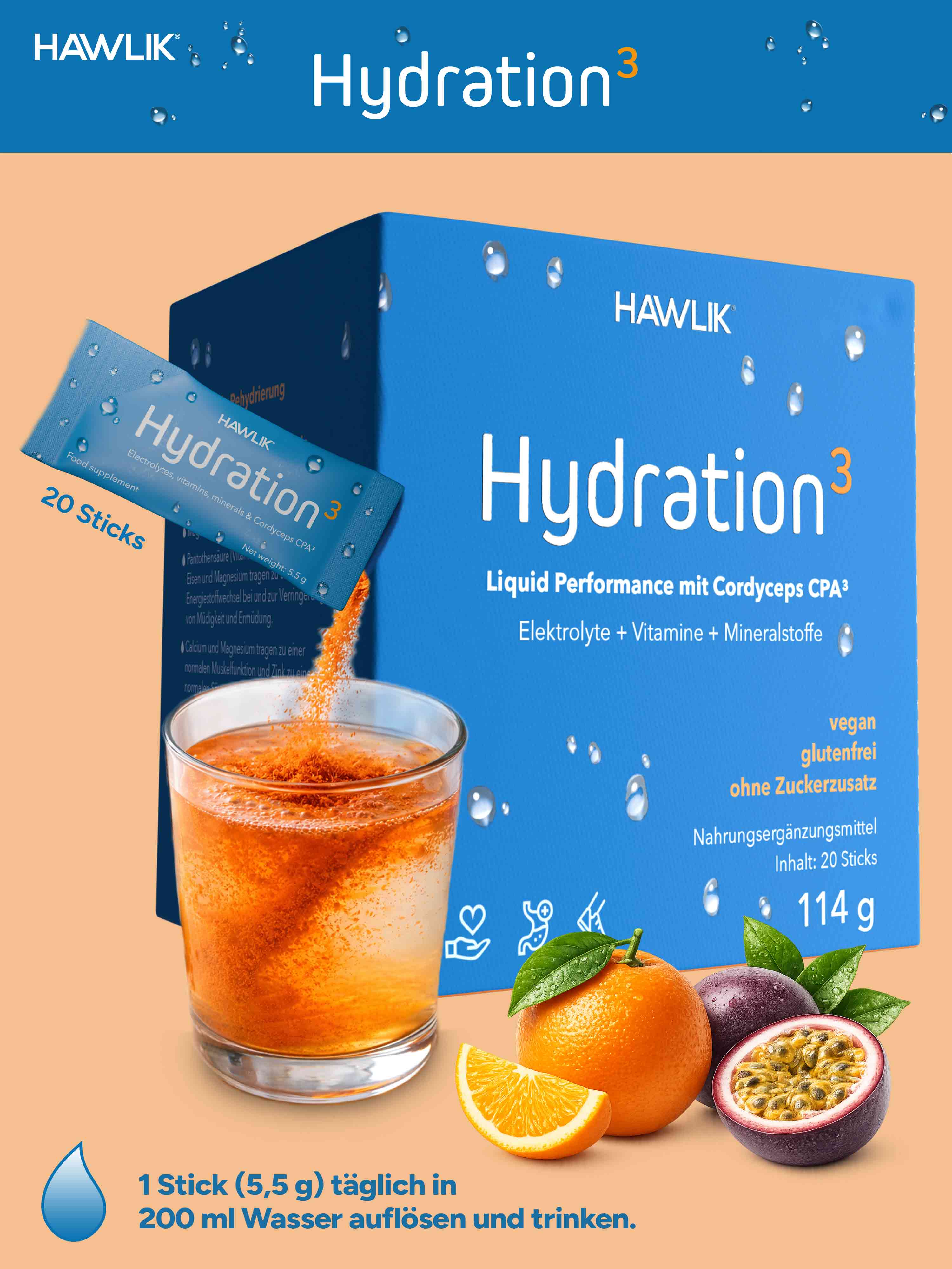 Hydration Pulver Sticks mit Glas und Früchent