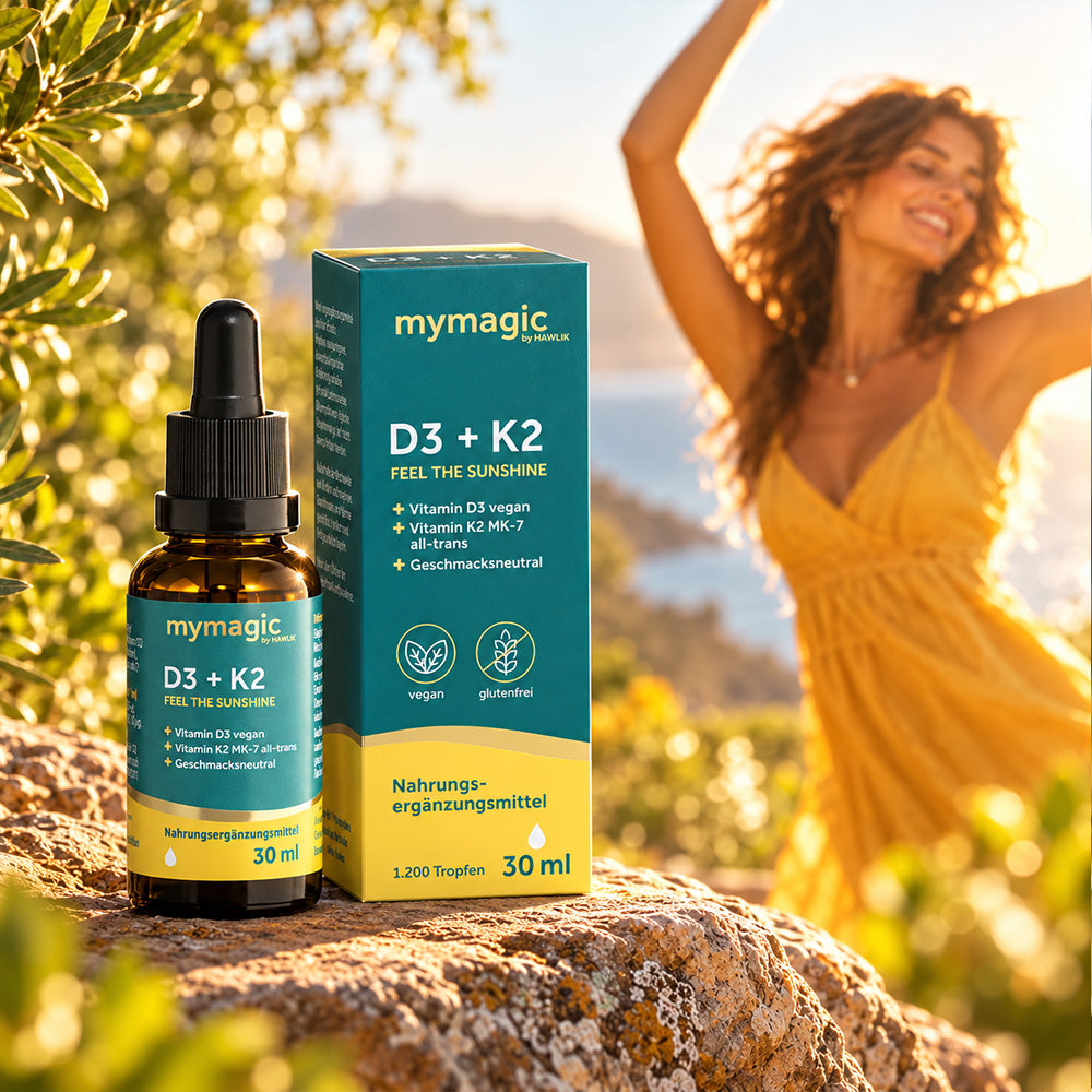 mymagic D3 + K2 Verpackung mit einer Frau in der Natur