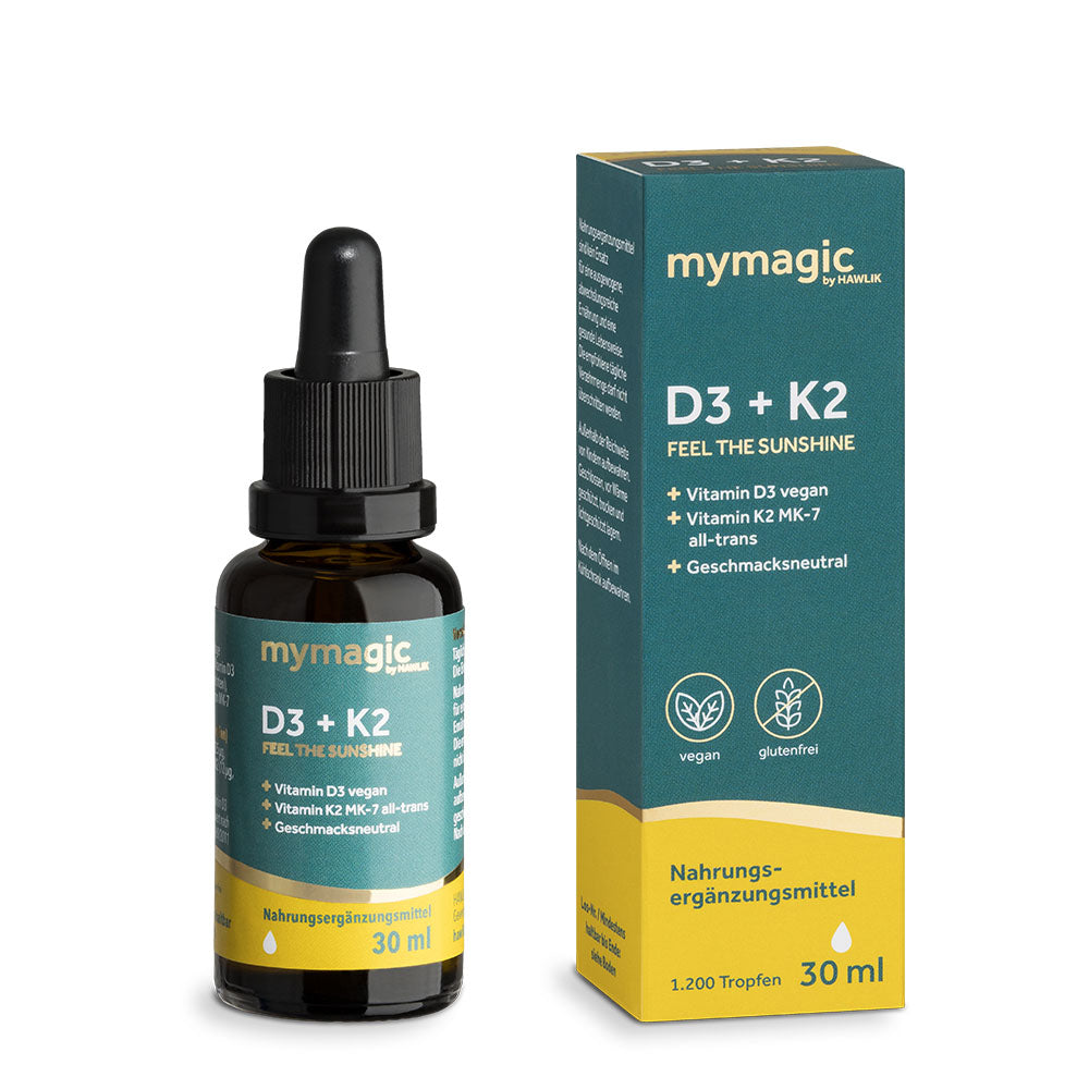 mymagic D3 ü+ K2 Produktabbildung, Verpackung und Flasche