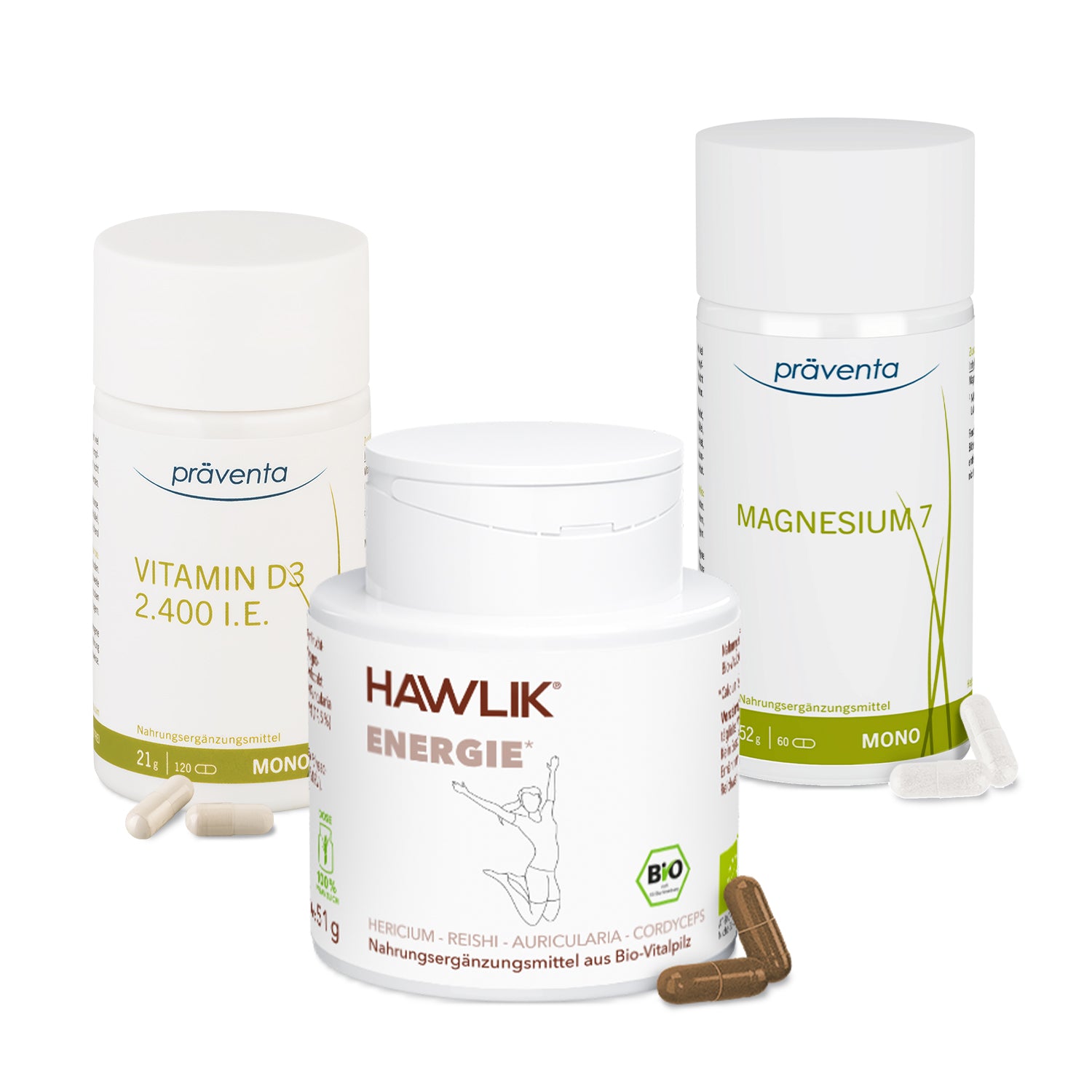 Mehr Energie mit Vitamin D3, Energie und Magnesium 7, Abbildung der Dosen von HAWLIK 