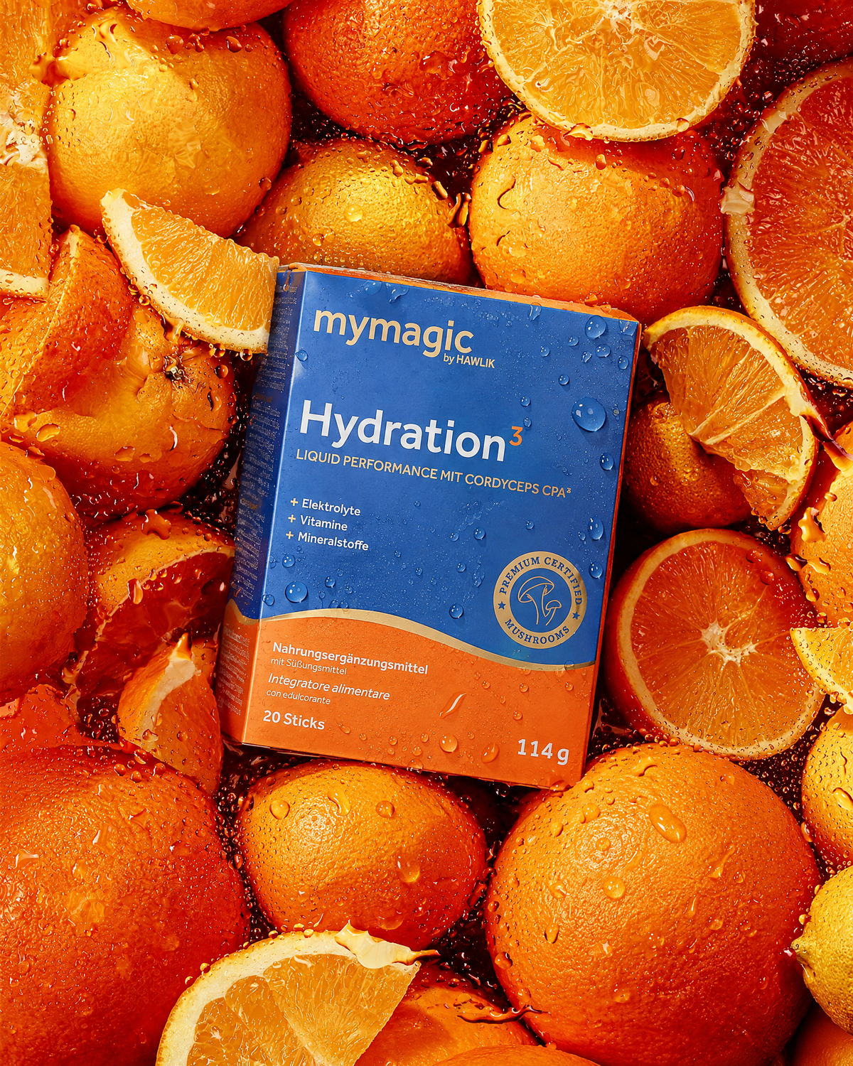 mymagic Hydratioon3 Verpackung mit vielen leckeren Orangen