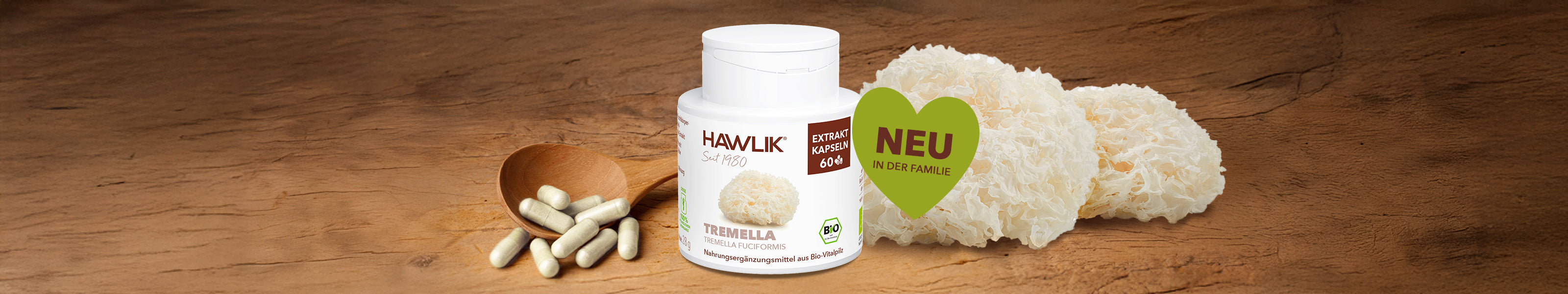 Tremella Pilz und Dose mit Kapsel und Löffel