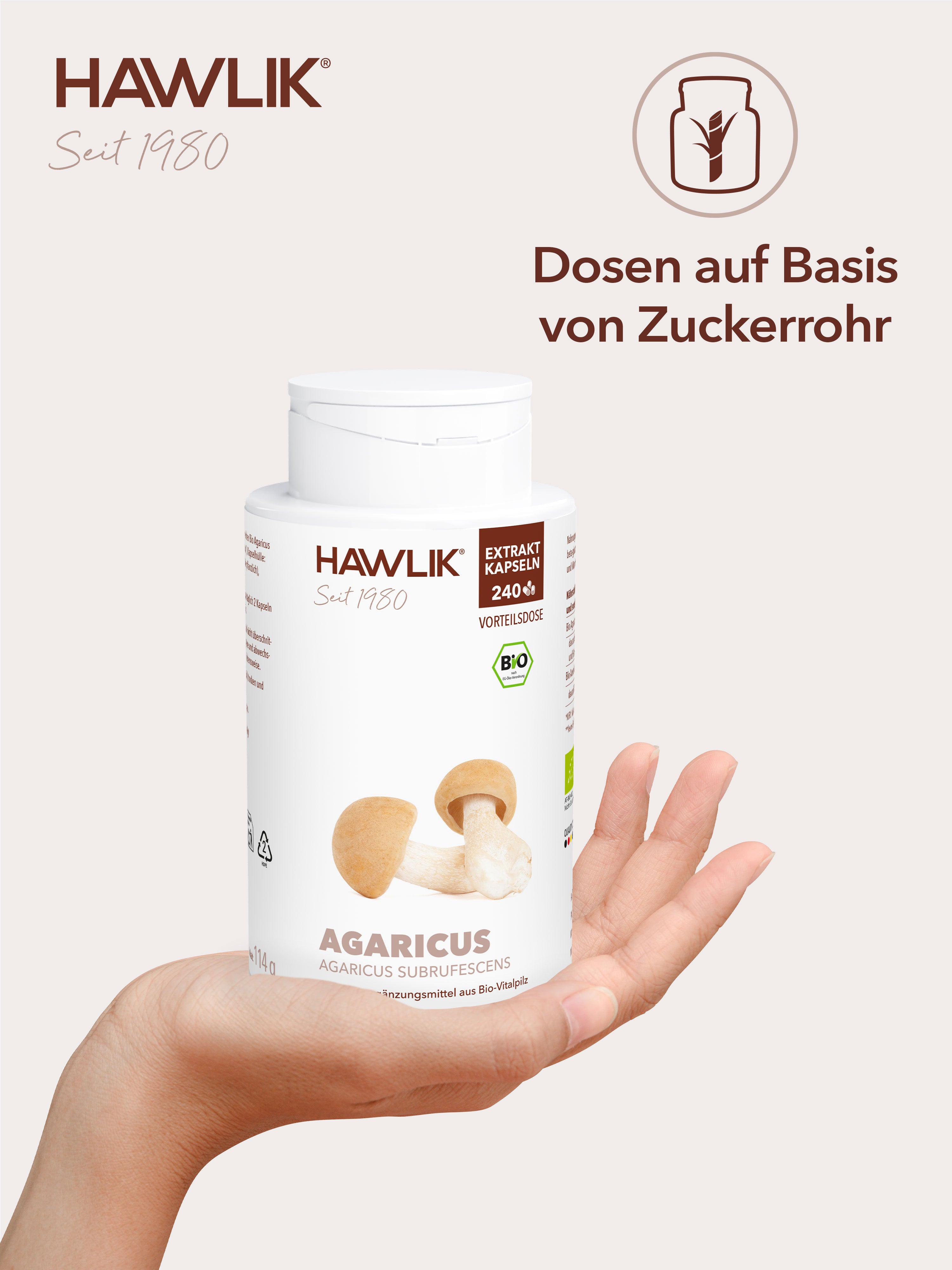 Hawlik Agaricus Extrakt Kapseln mit Hinweis, dass die Dose auf der Basis von Zuckerrohr hergestellt wird.