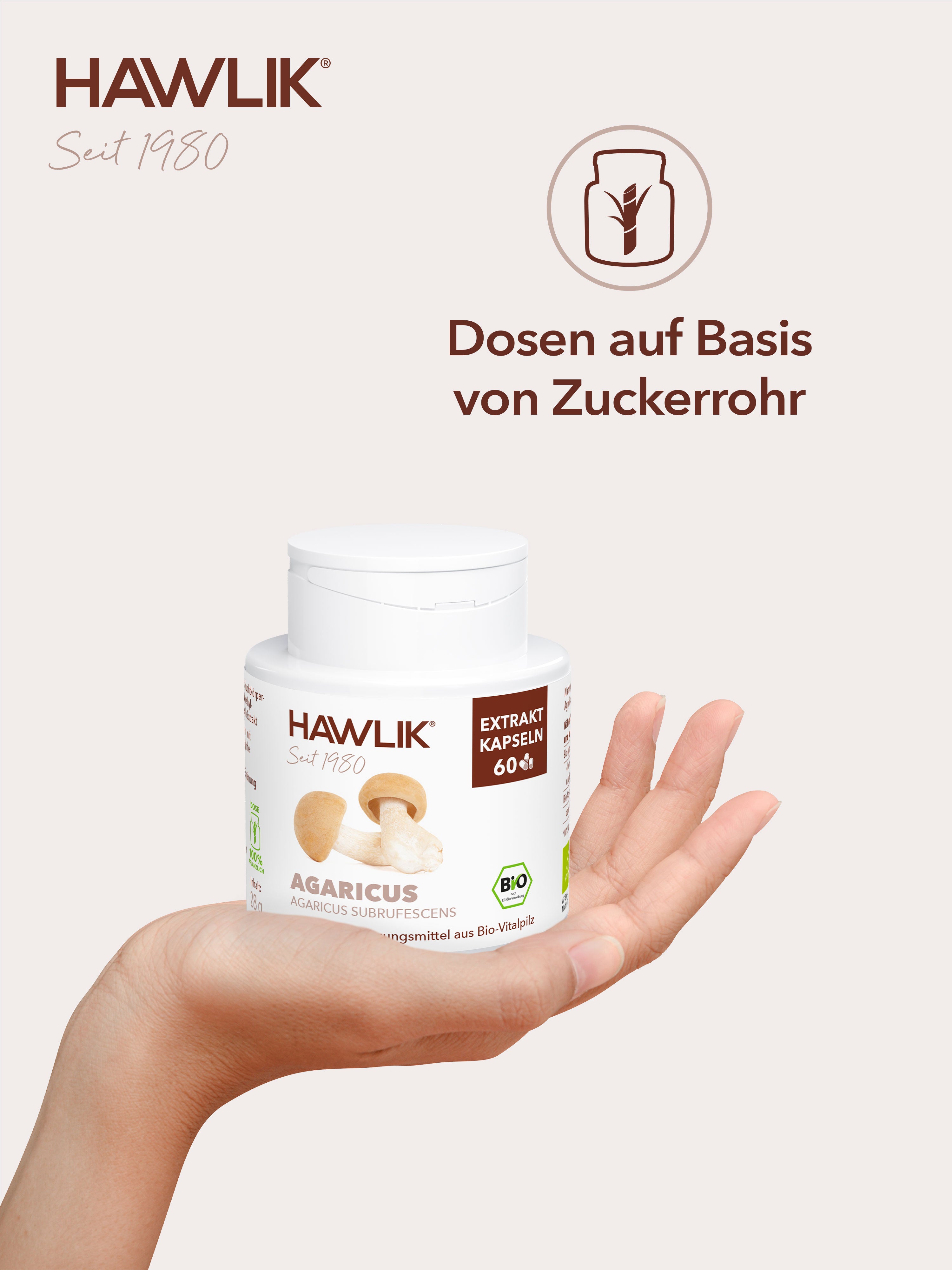 Hawlik Agaricus Extrakt Kapseln mit Hinweis, dass die Dose auf der Basis von Zuckerrohr hergestellt wird.