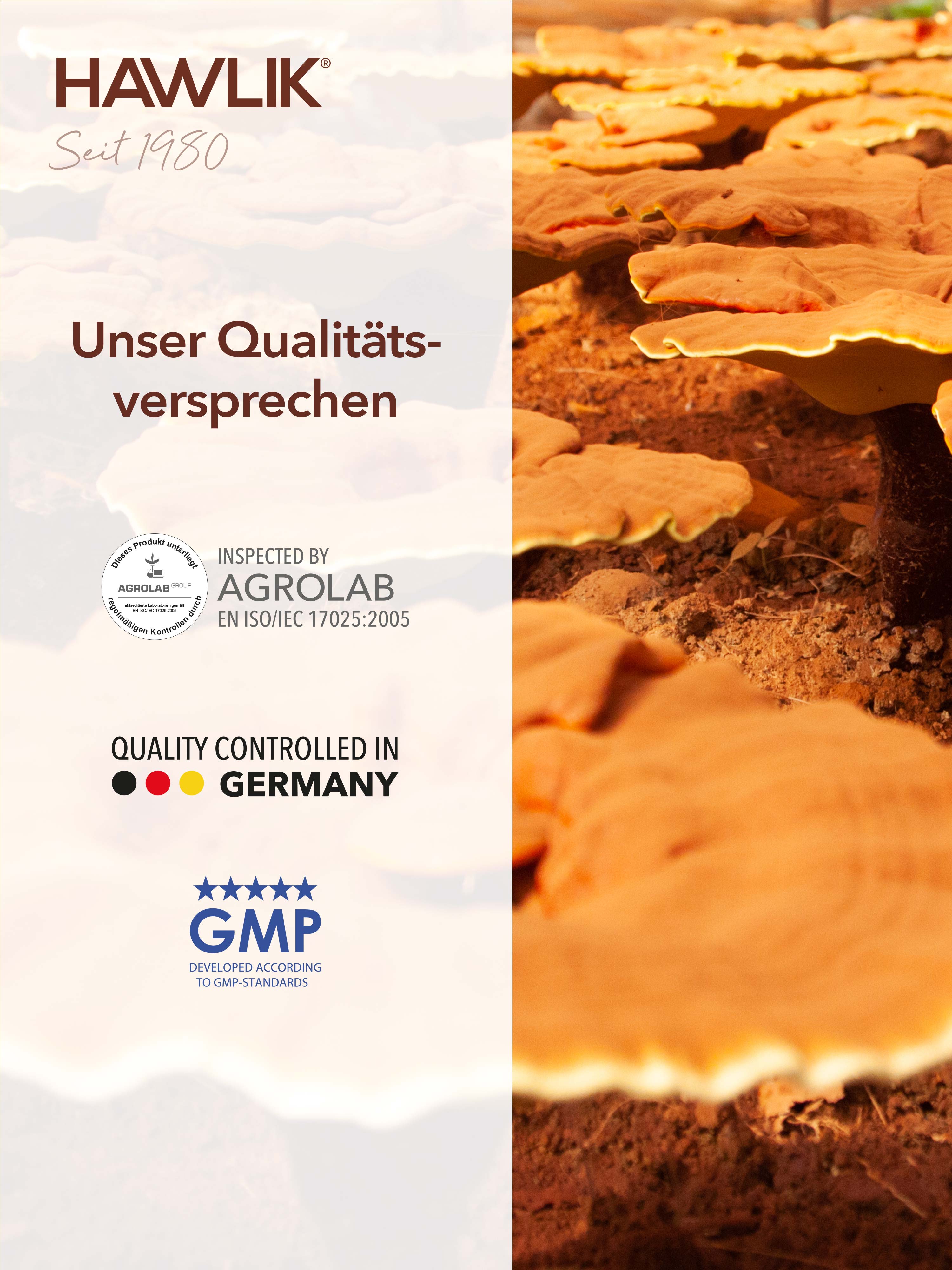 Info Qualitätsversprechen mit den Siegeln: Agrolab, Quality controlled in Germany und GMP