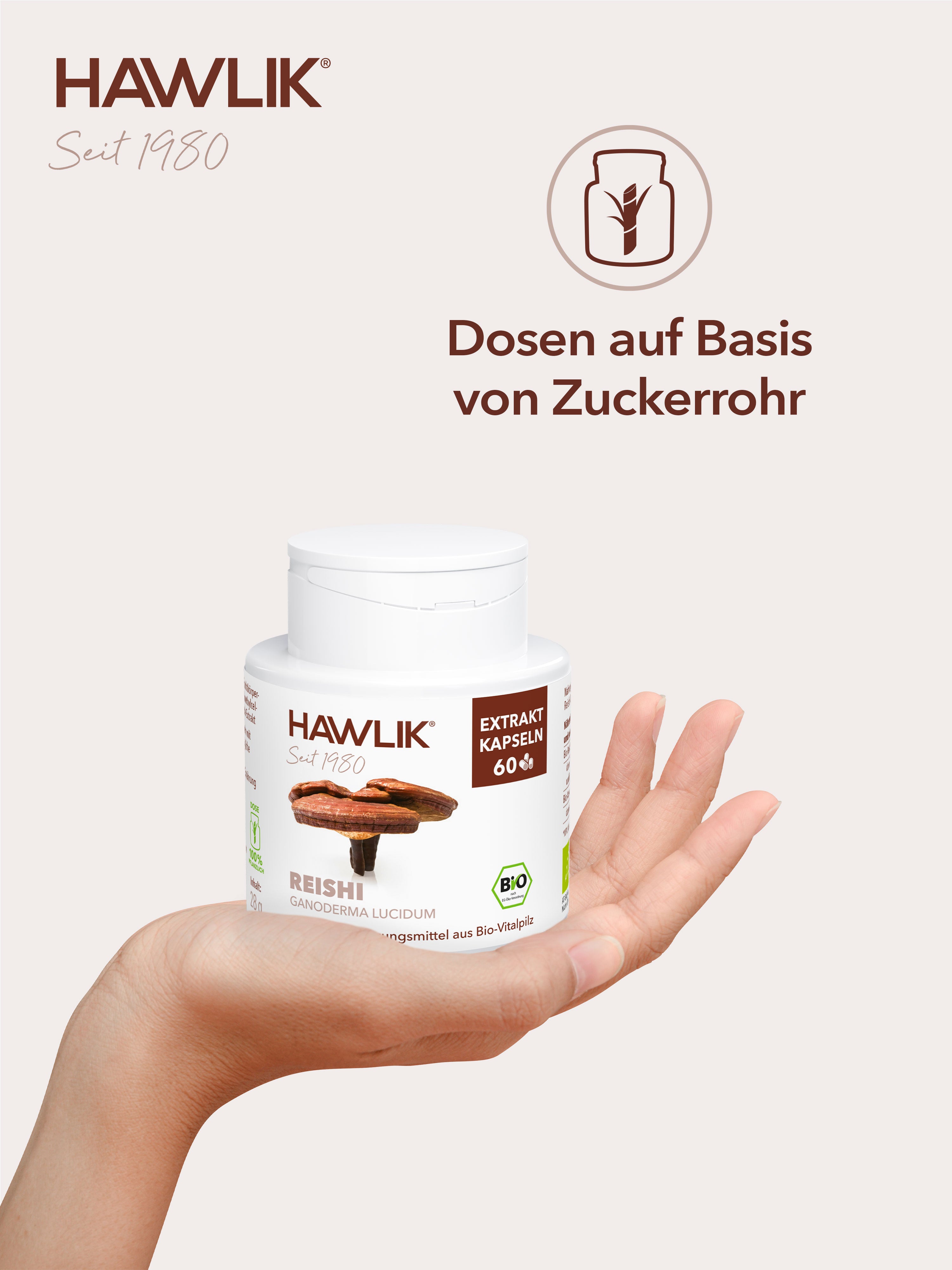 HAWLIK Reishi Extrakt Kapseln Dosen auf Basis auf Zuckerrohr
