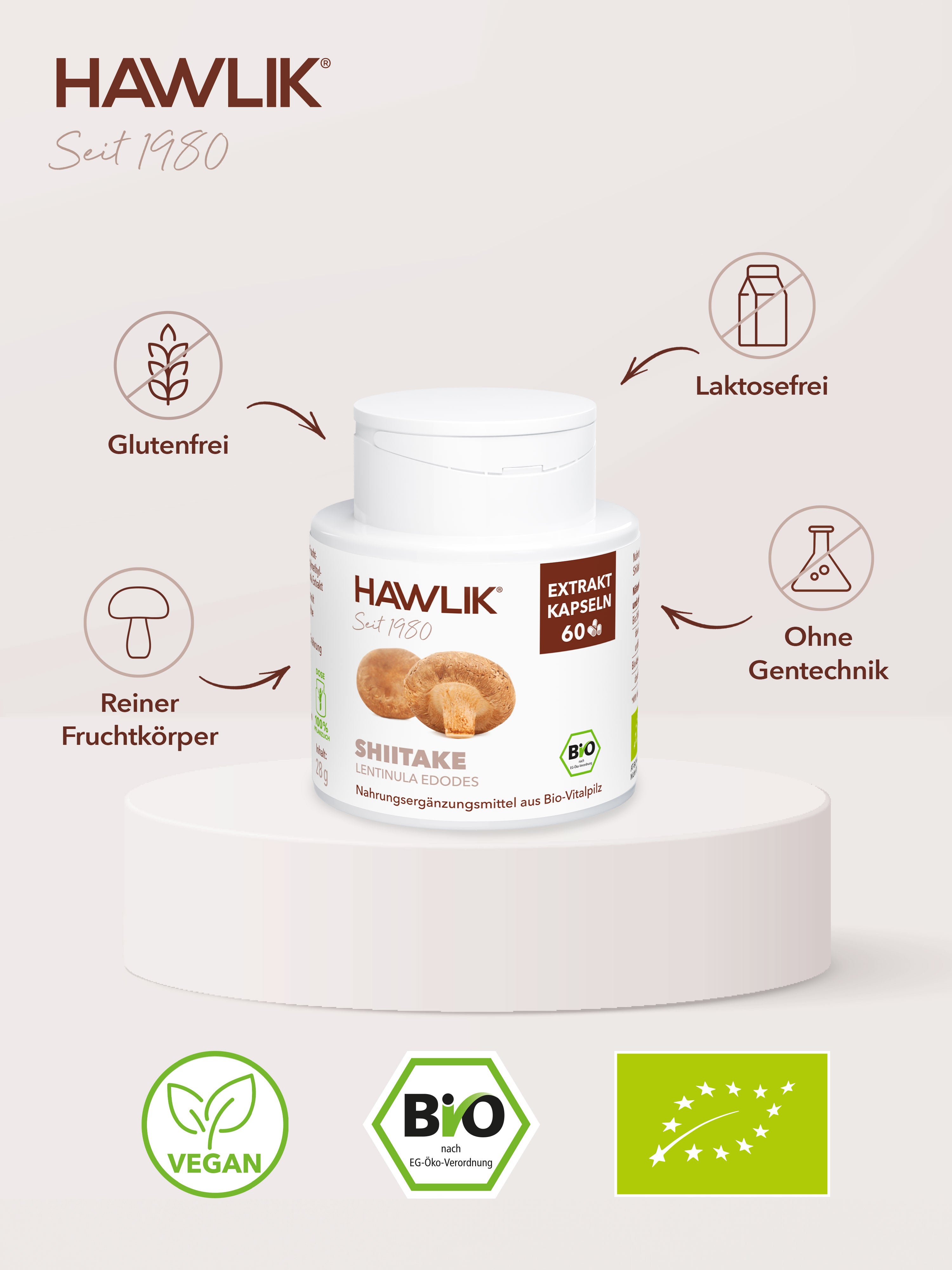 Bio Shiitake Extrakt Kapsen Übersicht: Glutenfrei, laktosefrei, reiner Fruchtkörper, ohne Gentechnik hergestellt.