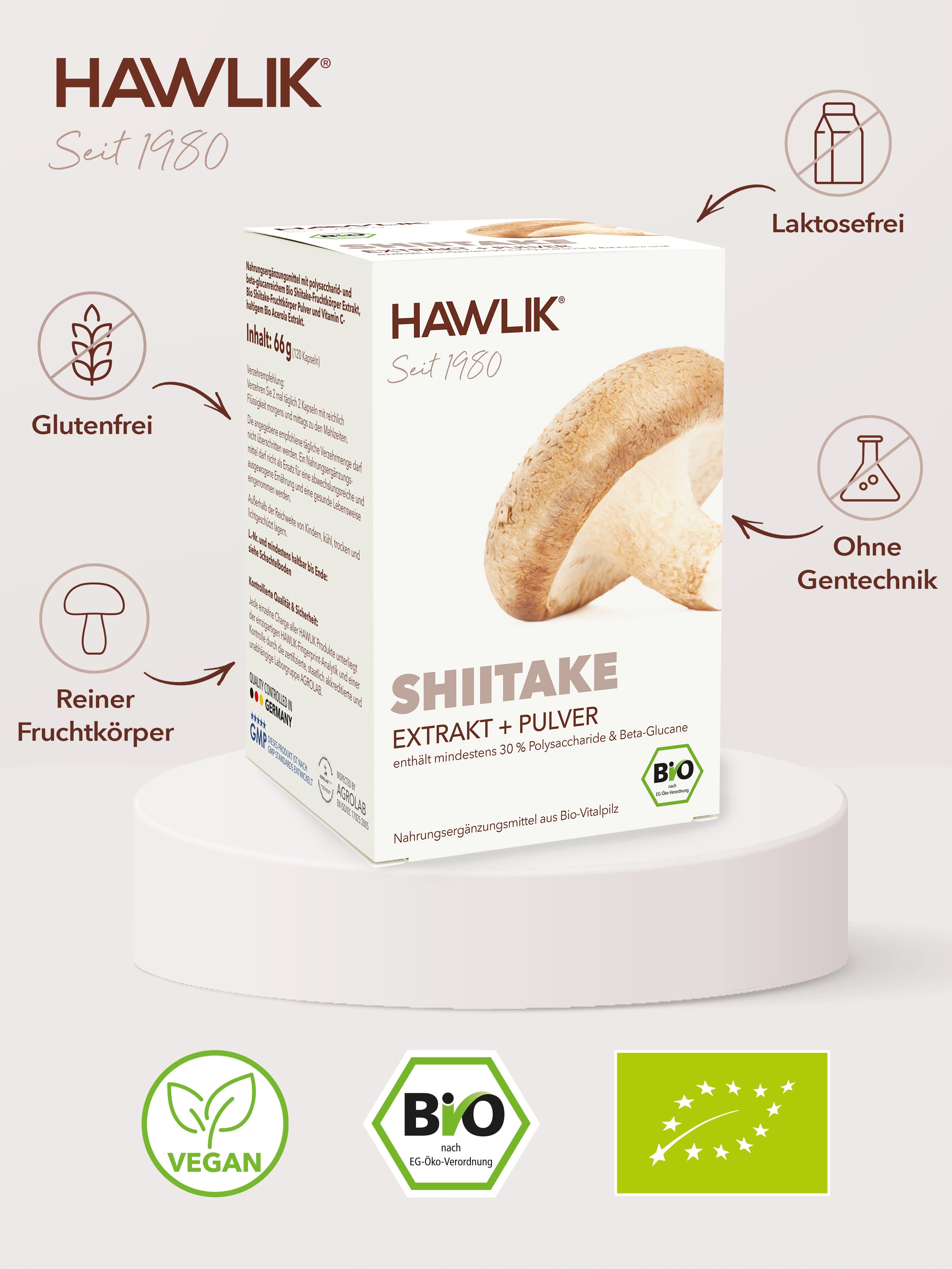 Bio Shiitake Extakt + Pulver Kapseln Übersicht: Glutenfrei, laktosefrei, reiner Fruchtkörper, ohne Gentechnik hergestellt.
