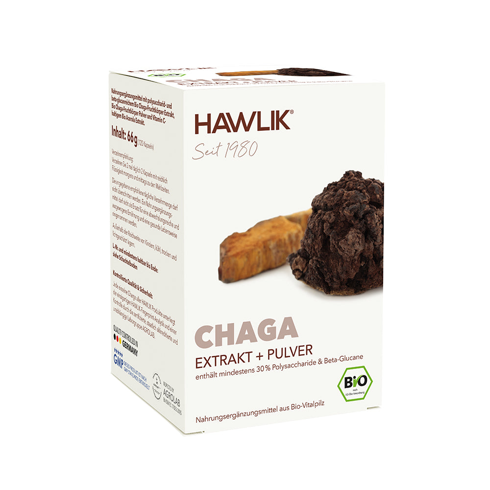 HAWLIK Bio Chaga 120 Extrakt + Pulver Kapseln