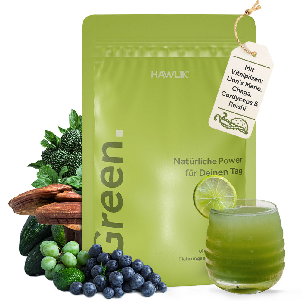 Green Powerdrink mit Früchten und Glas, Verpackung