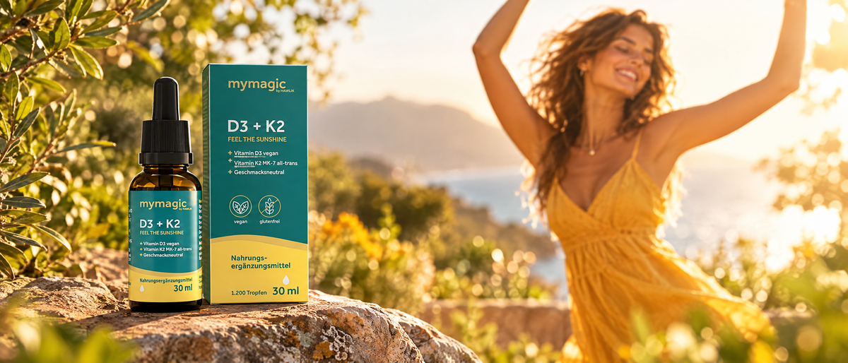 mymagic Vitamin D3 + K2 Verackung, Flasche und Frau in einem gelben Kleid
