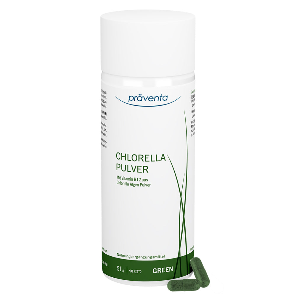 Präventa Chlorella Pulver Verpackung mit Kapseln 