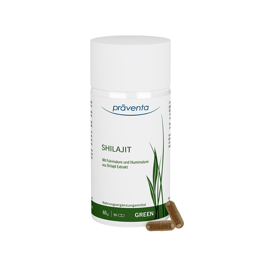 Shilajit von Präventa Green mit Kapseln und Dose