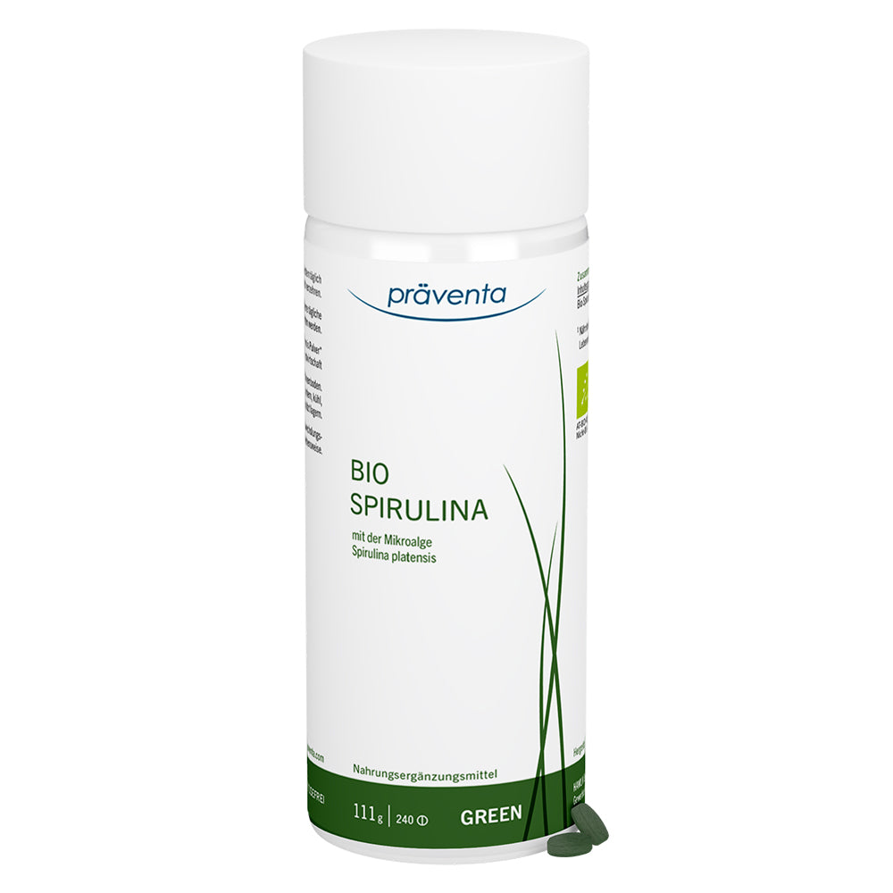 Präventa Bio Spirulina Pulver-Kapseln Verpackung mit Kapseln 
